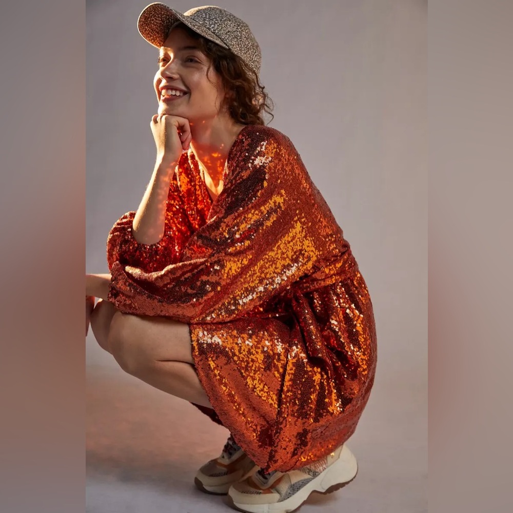 Anthropologie Lisabette Sequined Mini Dress Orange Showgirl Size S